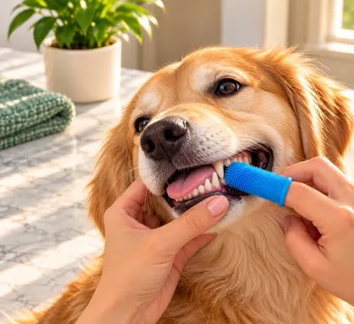 Un cepillo de dedo azul cepilla los dientes de un perro dorado