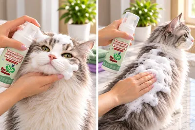 Dos escenas: se aplica la espuma del champú seco cerca de la cara del gato y luego se esparce por su lomo