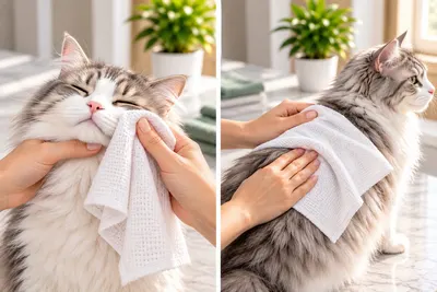 Dos escenas: una toalla húmeda limpia la cara y luego el lomo de un gato de pelo largo gris y blanco