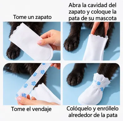 Cuatro pasos ilustrados para poner el calcetín desechable en la pata de un perro negro y enrollar su cinta alrededor
