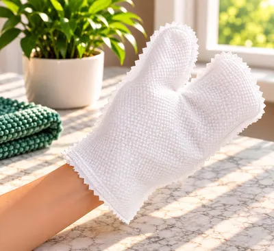 Una mano con un guante blanco de microfibra sobre un mesón, junto a una planta