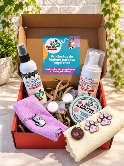 Caja roja abierta con la loción con lanolina y el champú seco para perros, la lata del bálsamo para almohadillas, toallas comprimidas, toallas lila y amarilla, una chapita, aros con forma de huella y un llavero de gatito