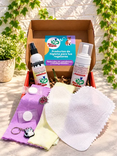Caja roja abierta con la loción con lanolina y el champú seco para gatos, toallas de microfibra lila y amarilla, un guante de microfibra blanco, toallas comprimidas, una chapita con una huella y un llavero de gatito