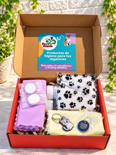Versión para papá del pack para gatos: caja roja con los envases, toallas de microfibra, toallas comprimidas, guantes en una bolsa con huellas, una chapita azul con un gatito y un llavero de gatito