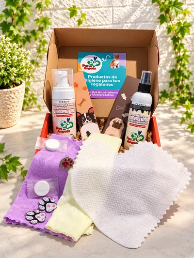 Caja roja abierta con el champú seco y la loción con lanolina para perros, toallas de microfibra lila y amarilla, un guante de microfibra blanco, toallas comprimidas, una chapita con una huella, aros con forma de huella y dos separadores de libro con perritos