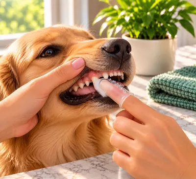 Un cepillo de dedo con pasta dental limpia los dientes de un perro dorado