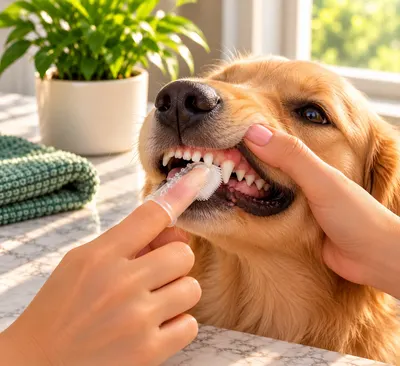 Un dedal de silicona cepilla los dientes de un perro dorado