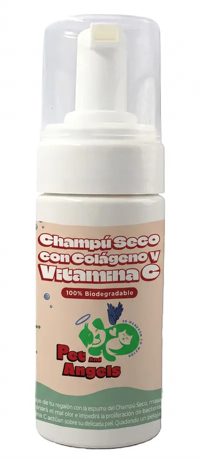 Envase en espuma del champú seco con colágeno y vitamina C para perros, de etiqueta color durazno