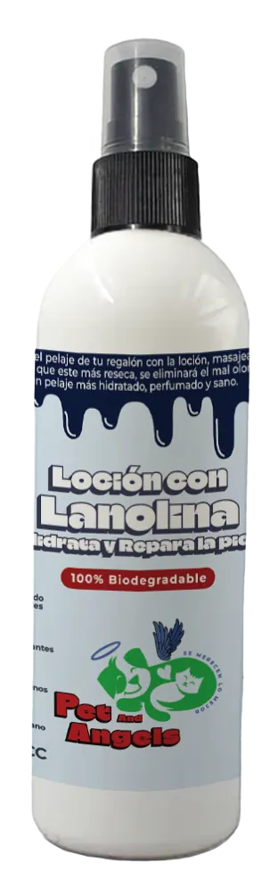 Envase en spray de la loción con lanolina para gatos, de etiqueta celeste