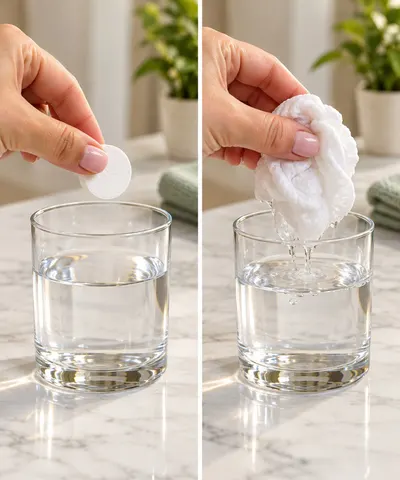 Dos escenas: una mano echa una pastilla de toalla comprimida en un vaso de agua y luego la saca desplegada y húmeda